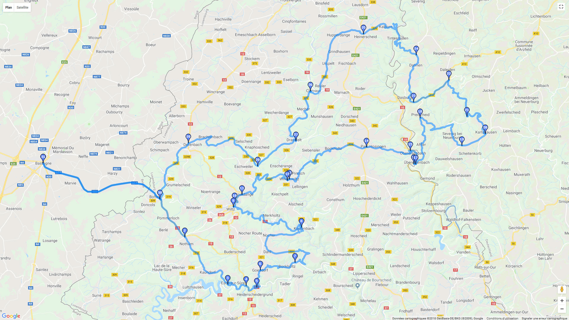 Pour zoomer sur la carte et avoir plus de détails, connectez-vous ! Carte roadbook Bastogne Luxembourg Allemagne