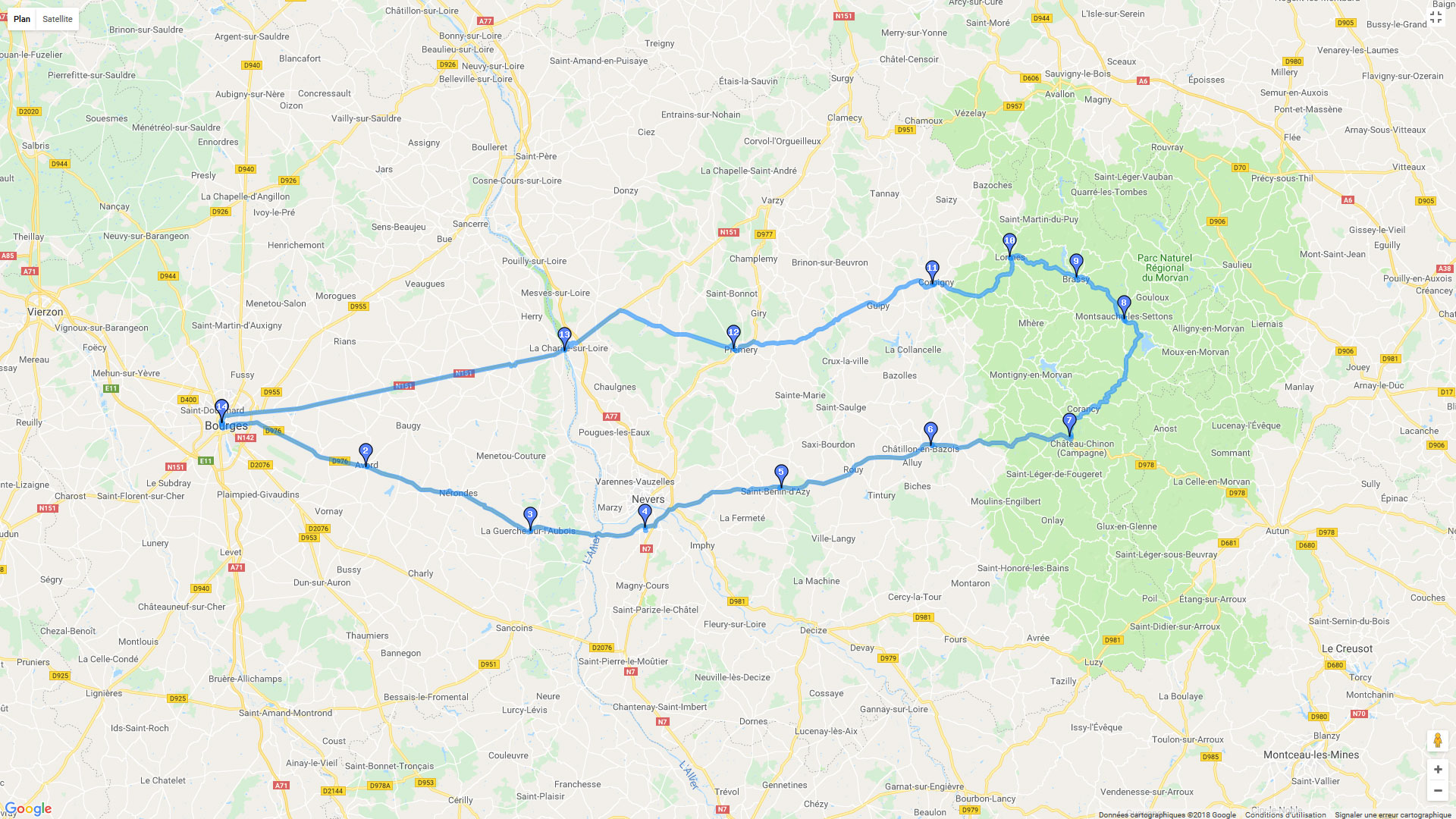 Pour zoomer sur la carte et avoir plus de détails, connectez-vous ! Carte roadbook De Bourges au Morvan