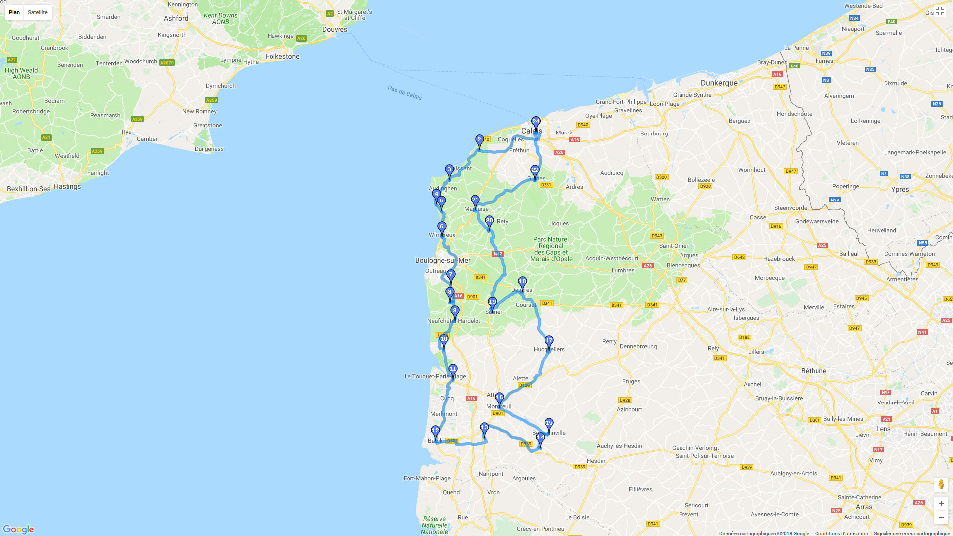 Pour zoomer sur la carte et avoir plus de détails, connectez-vous ! Carte roadbook Côte du nord Caps et Marais d'Opale