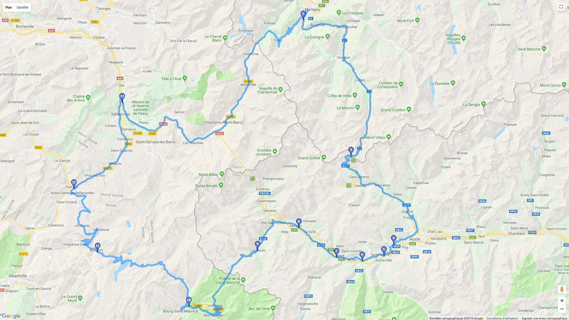 Pour zoomer sur la carte et avoir plus de détails, connectez-vous ! Carte roadbook Boucle autour du Mont Blanc