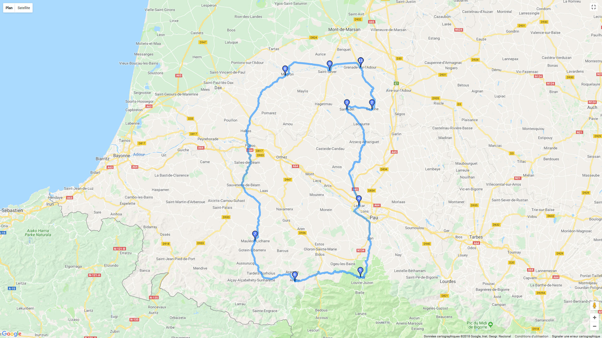 Pour zoomer sur la carte et avoir plus de détails, connectez-vous ! Carte roadbook Landes-Pyrénées