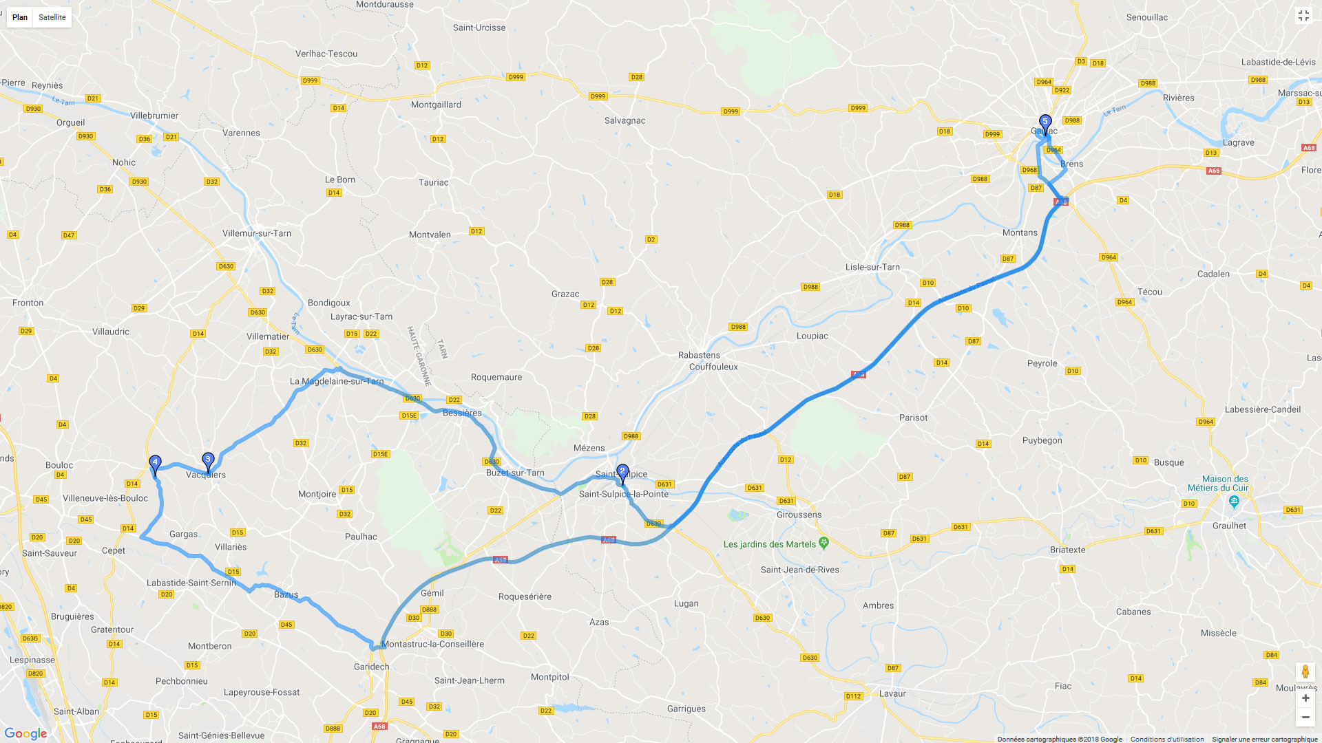 Pour zoomer sur la carte et avoir plus de détails, connectez-vous ! Carte roadbook Vacquiers Gaillac