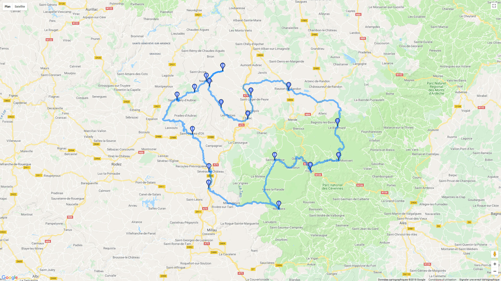 Pour zoomer sur la carte et avoir plus de détails, connectez-vous ! Carte roadbook Aubrac et Cévennes