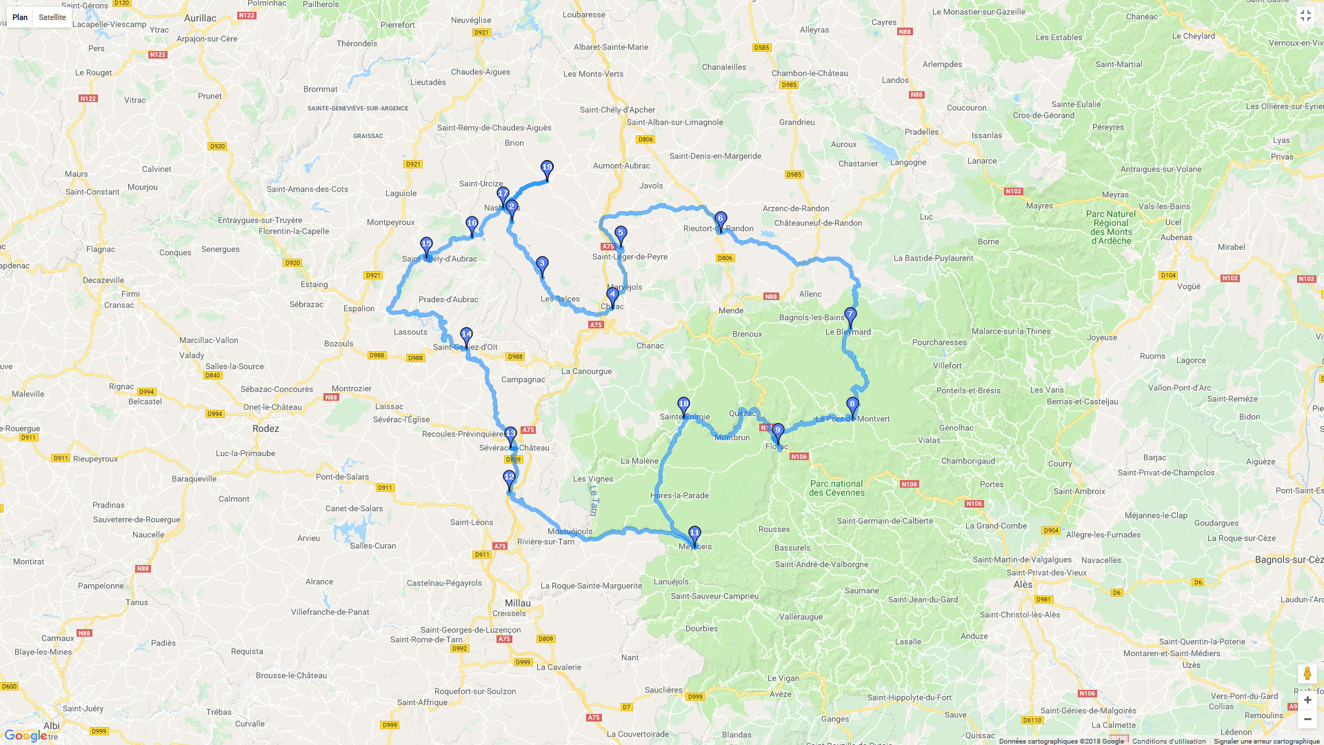 Pour zoomer sur la carte et avoir plus de détails, connectez-vous ! Carte roadbook Aubrac et Cévennes