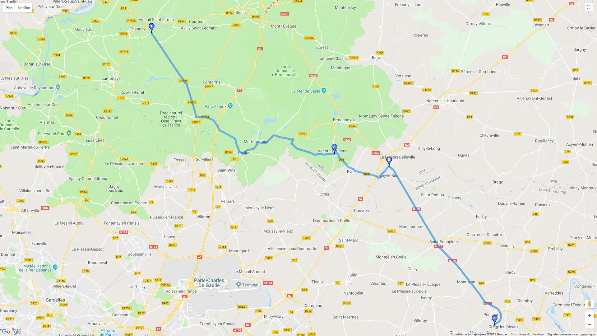 Pour zoomer sur la carte et avoir plus de détails, connectez-vous ! Carte roadbook Chantilly Meaux