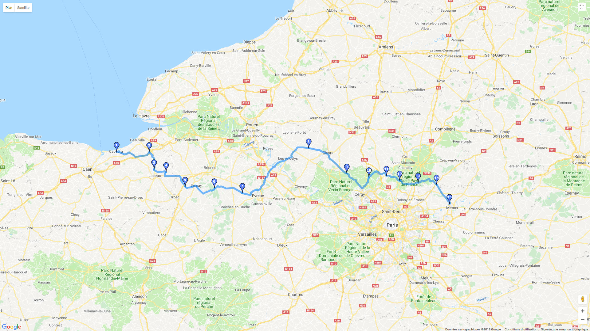 Pour zoomer sur la carte et avoir plus de détails, connectez-vous ! Carte roadbook Meaux Cabourg