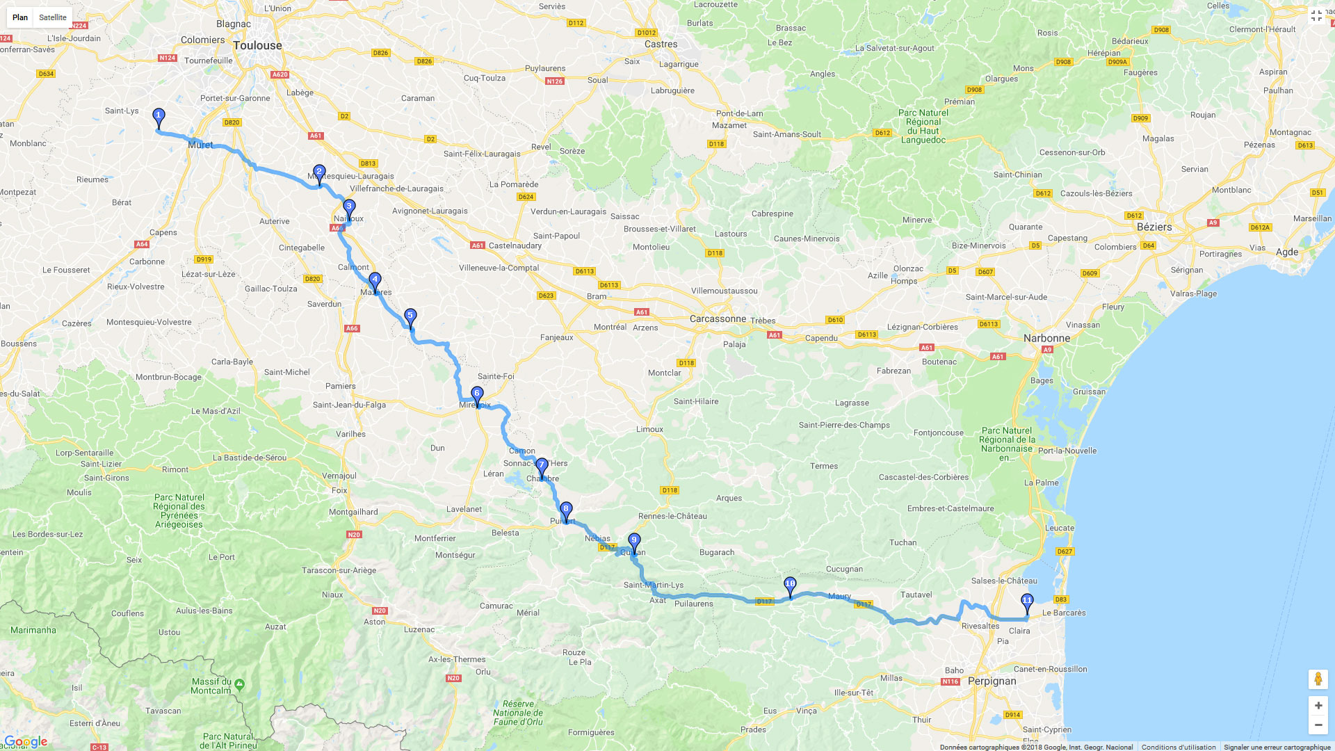 Pour zoomer sur la carte et avoir plus de détails, connectez-vous ! Carte roadbook Toulouse Perpignan par le chemin des écoliers