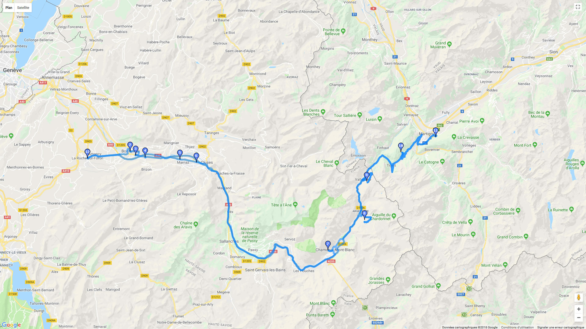 Pour zoomer sur la carte et avoir plus de détails, connectez-vous ! Carte roadbook Route blanche Chamonix Martigny