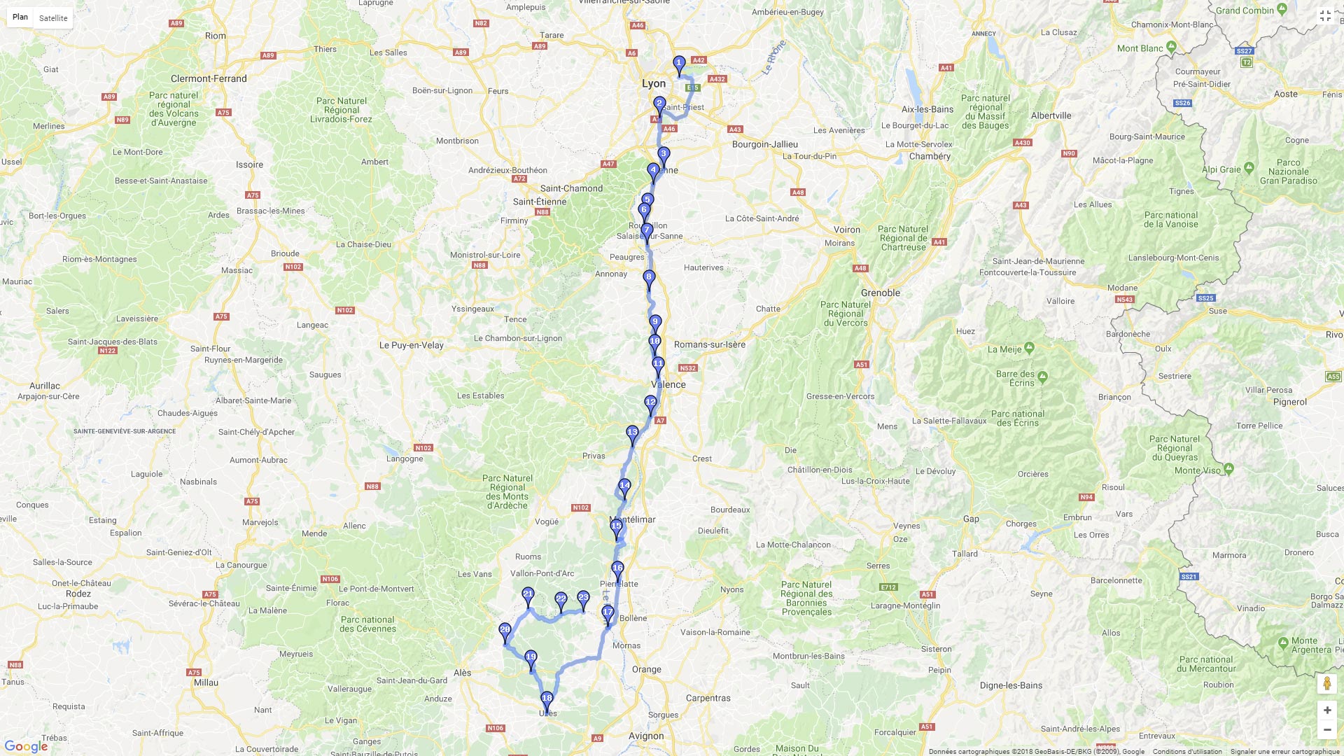 Pour zoomer sur la carte et avoir plus de détails, connectez-vous ! Carte roadbook En suivant le Rhône