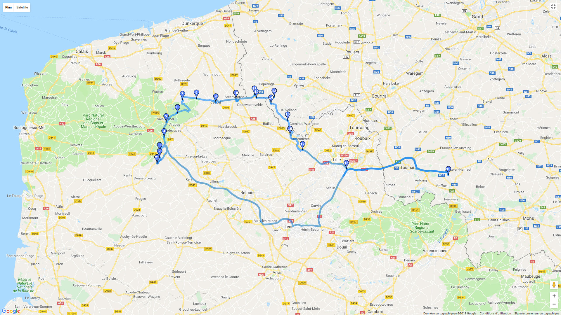 Pour zoomer sur la carte et avoir plus de détails, connectez-vous ! Carte roadbook Flandres et étangs du Romelaere