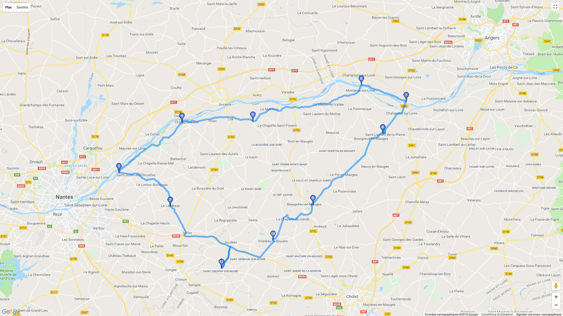Pour zoomer sur la carte et avoir plus de détails, connectez-vous ! Carte roadbook Vignobles Loire Mauges
