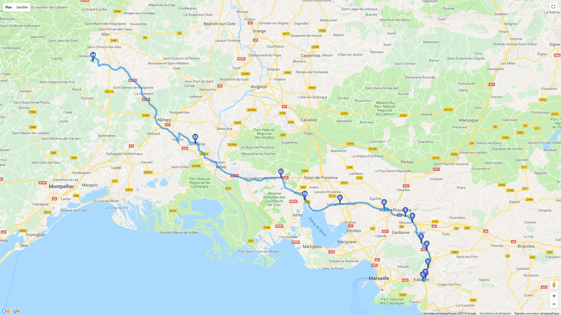 Pour zoomer sur la carte et avoir plus de détails, connectez-vous ! Carte roadbook Aubagne Anduze