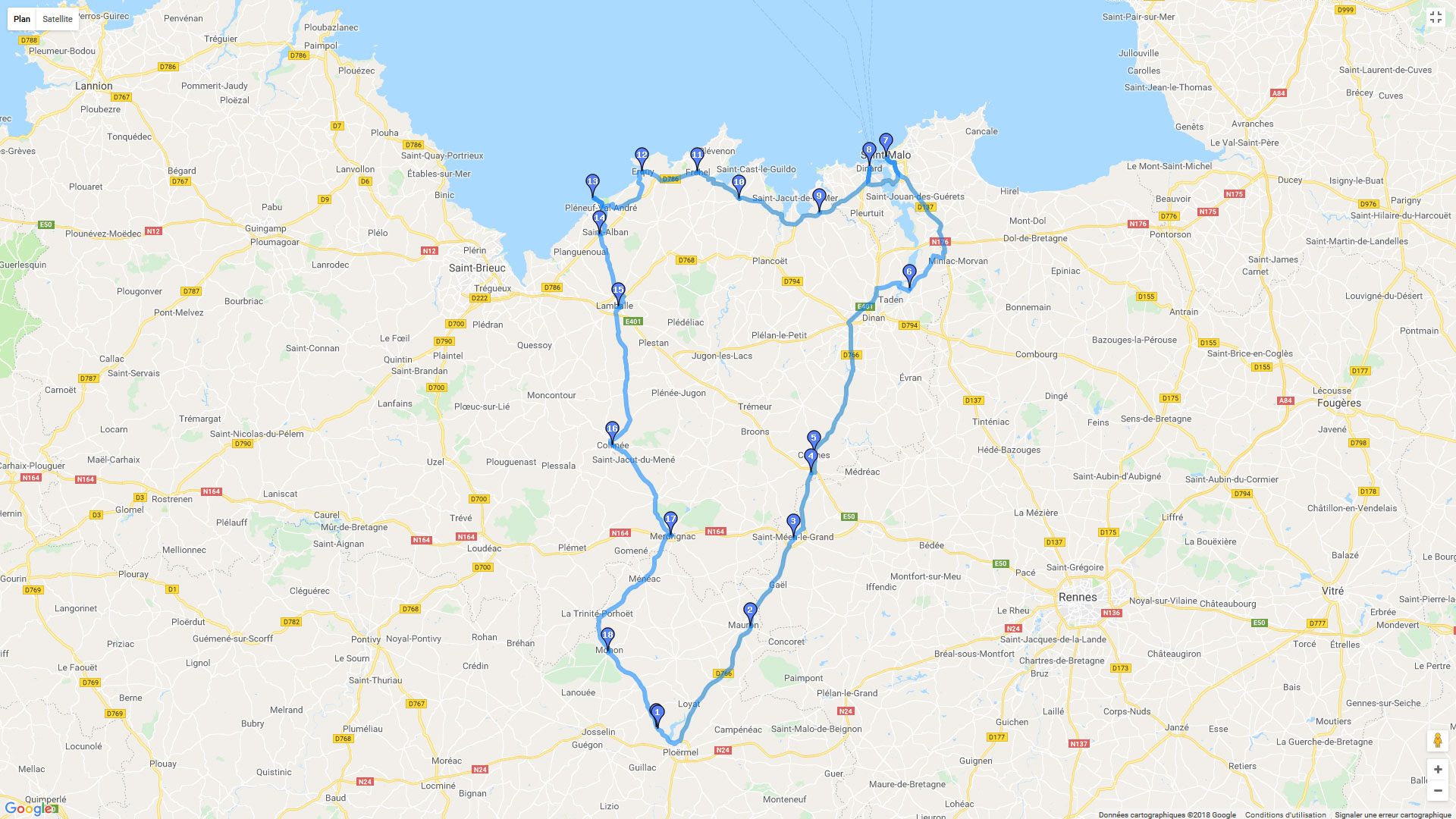 Pour zoomer sur la carte et avoir plus de détails, connectez-vous ! Carte roadbook Taupont - St Malo - Erquy