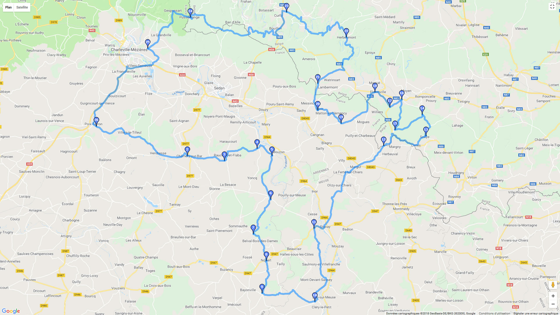 Pour zoomer sur la carte et avoir plus de détails, connectez-vous ! Carte roadbook Du sud des Ardennes à la frontière belge