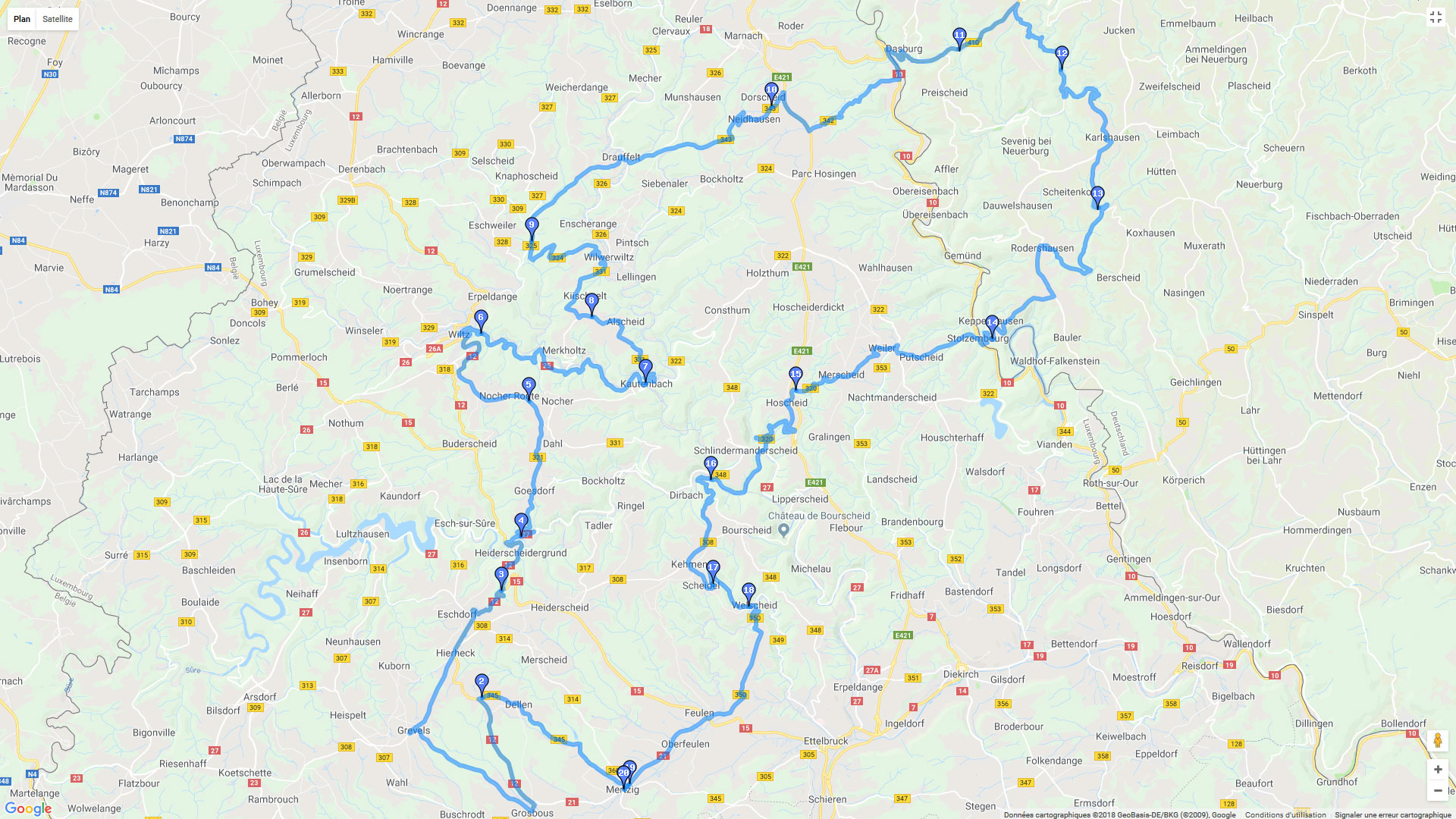 Pour zoomer sur la carte et avoir plus de détails, connectez-vous ! Carte roadbook Les ardennes Luxembourgeoises