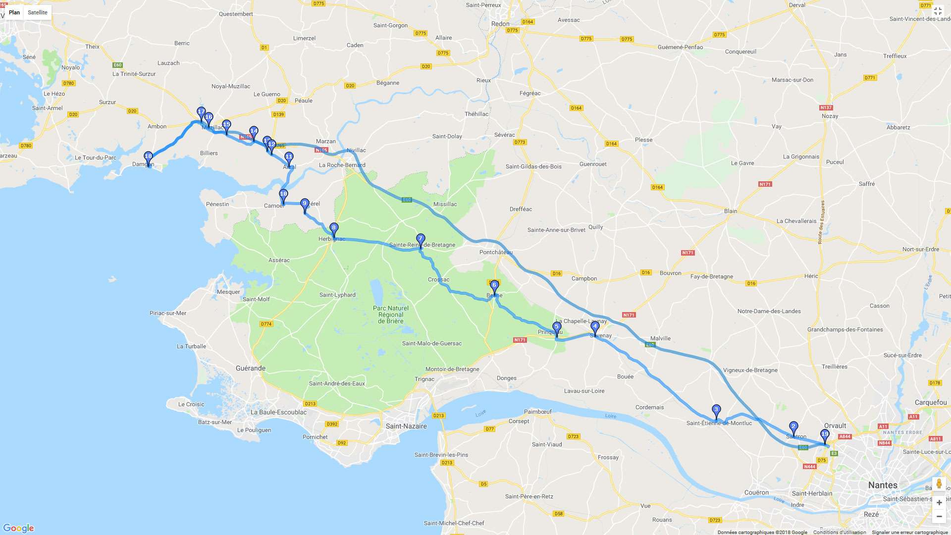 Pour zoomer sur la carte et avoir plus de détails, connectez-vous ! Carte roadbook St Herblain - Damgan
