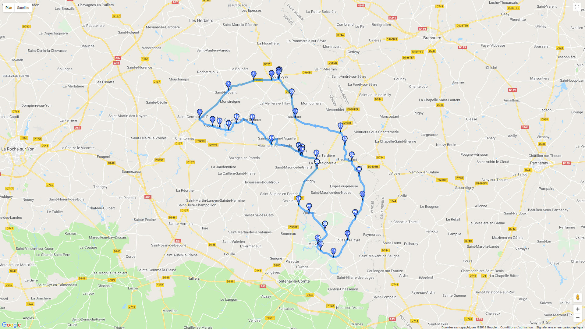 Pour zoomer sur la carte et avoir plus de détails, connectez-vous ! Carte roadbook Pouzauges Le Mervent
