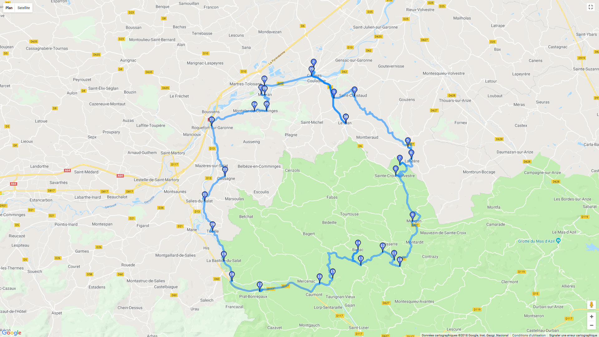 Pour zoomer sur la carte et avoir plus de détails, connectez-vous ! Carte roadbook Autour de Cazères