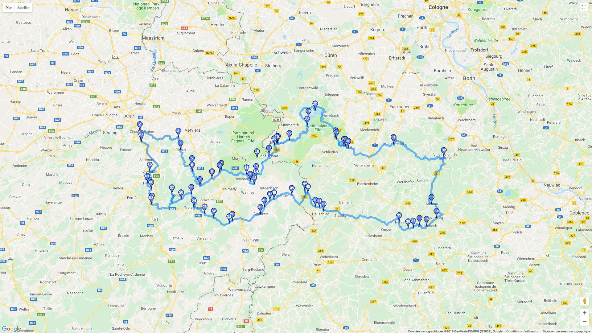 Pour zoomer sur la carte et avoir plus de détails, connectez-vous ! Carte roadbook Ardennes Belges + Eifel