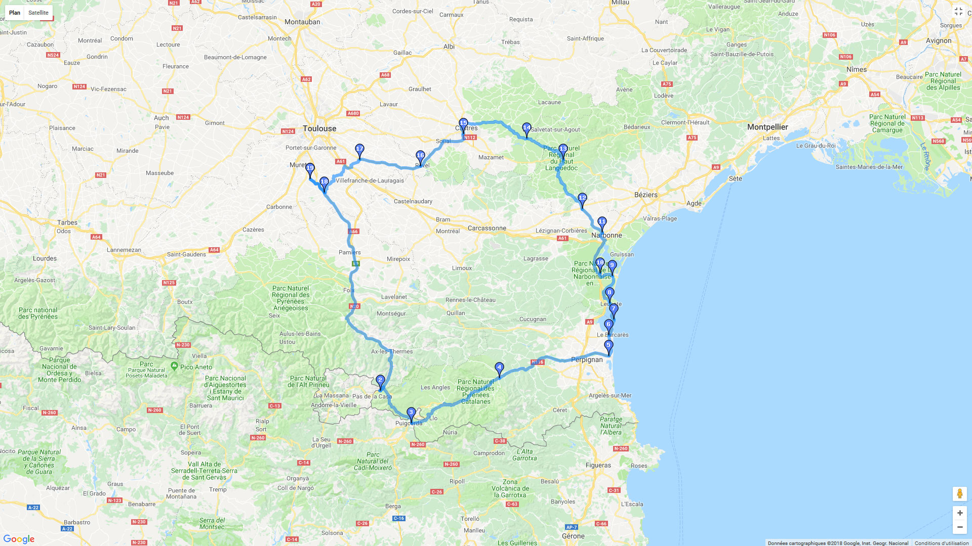 Pour zoomer sur la carte et avoir plus de détails, connectez-vous ! Carte roadbook Toulouse à Perpignan