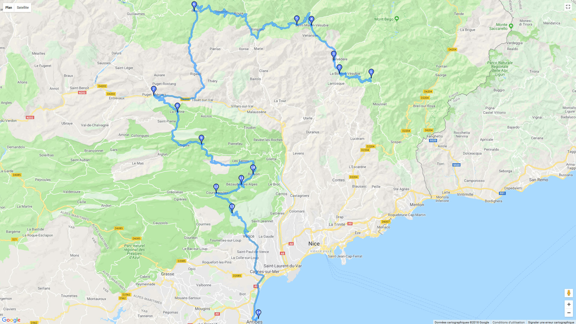 Pour zoomer sur la carte et avoir plus de détails, connectez-vous ! Carte roadbook Autour de Nice