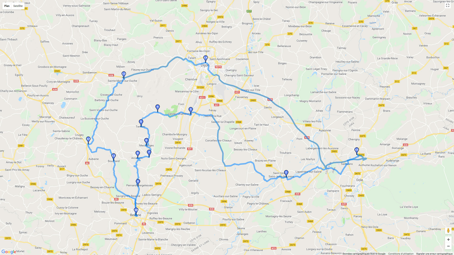 Pour zoomer sur la carte et avoir plus de détails, connectez-vous ! Carte roadbook Vignoble et vallée de l'Ouche