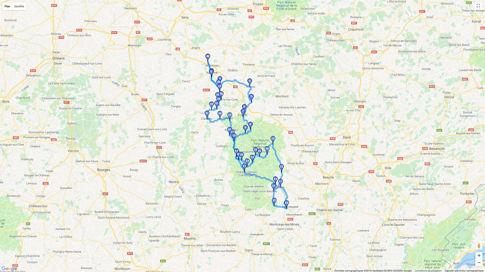 Pour zoomer sur la carte et avoir plus de détails, connectez-vous ! Carte roadbook Parc du Morvan