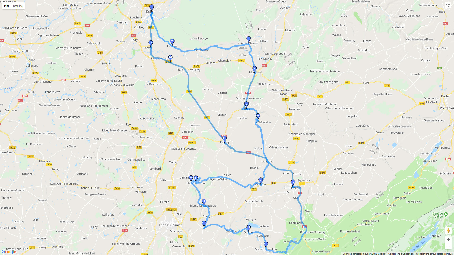 Pour zoomer sur la carte et avoir plus de détails, connectez-vous ! Carte roadbook Balade dans le Jura, avec étapes