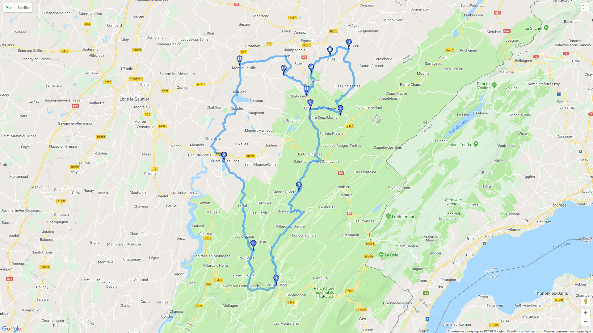 Pour zoomer sur la carte et avoir plus de détails, connectez-vous ! Carte roadbook Pont du Navoy - Saint Claude- Conte - Pont du Navoy