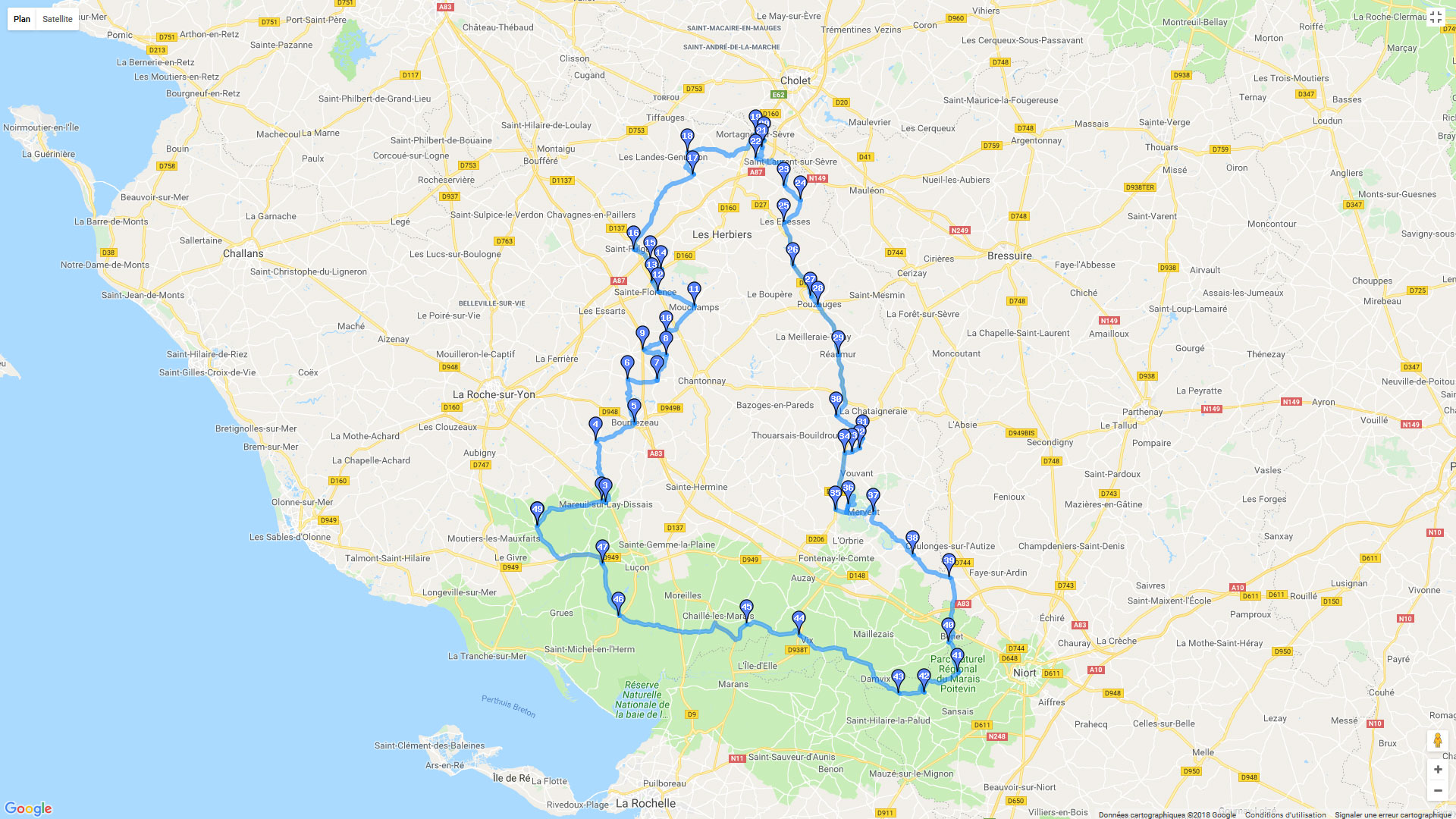 Pour zoomer sur la carte et avoir plus de détails, connectez-vous ! Carte roadbook Vendée ouest