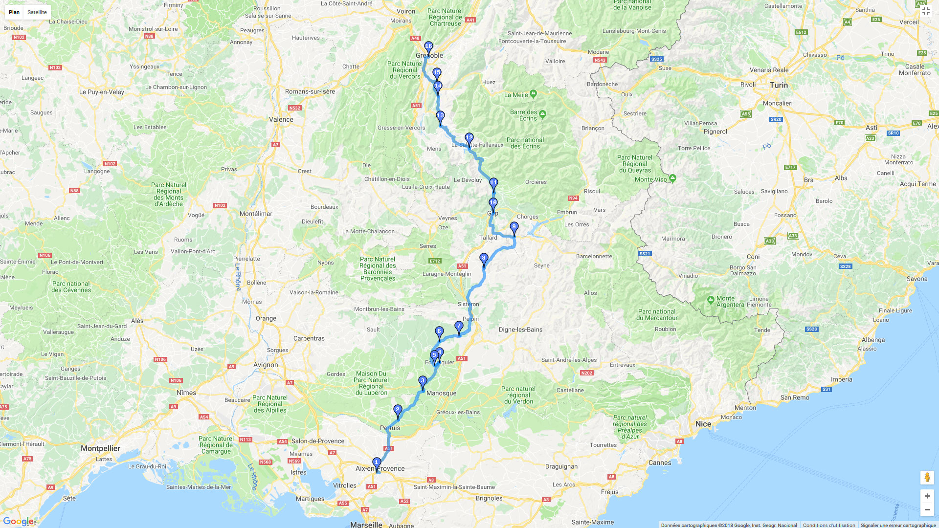 Pour zoomer sur la carte et avoir plus de détails, connectez-vous ! Carte roadbook Aix Grenoble