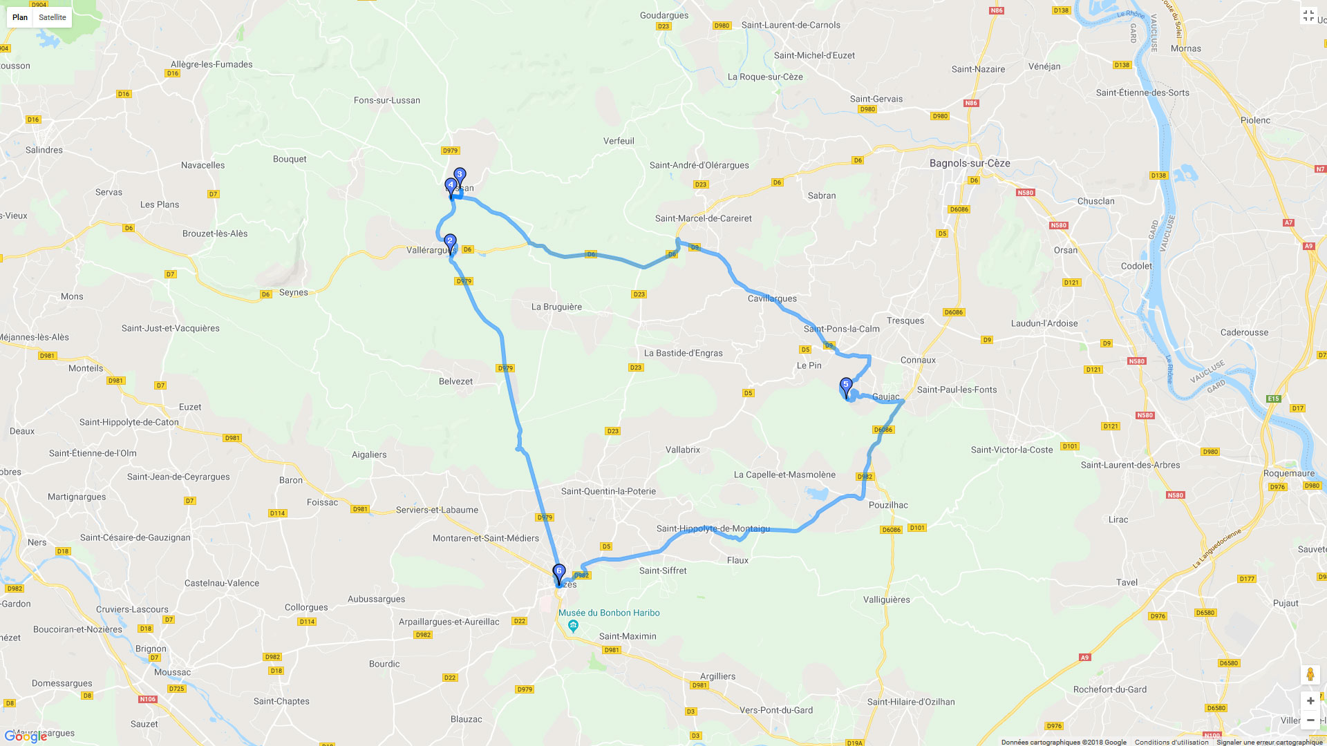 Pour zoomer sur la carte et avoir plus de détails, connectez-vous ! Carte roadbook De l'Uzège au Lussanais