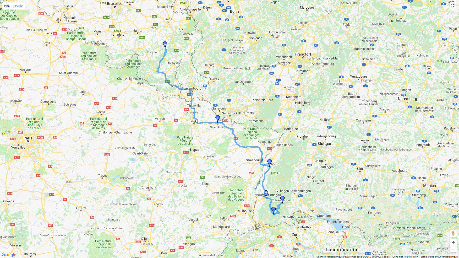 Pour zoomer sur la carte et avoir plus de détails, connectez-vous ! Carte roadbook Forêt Noire depuis la Belgique