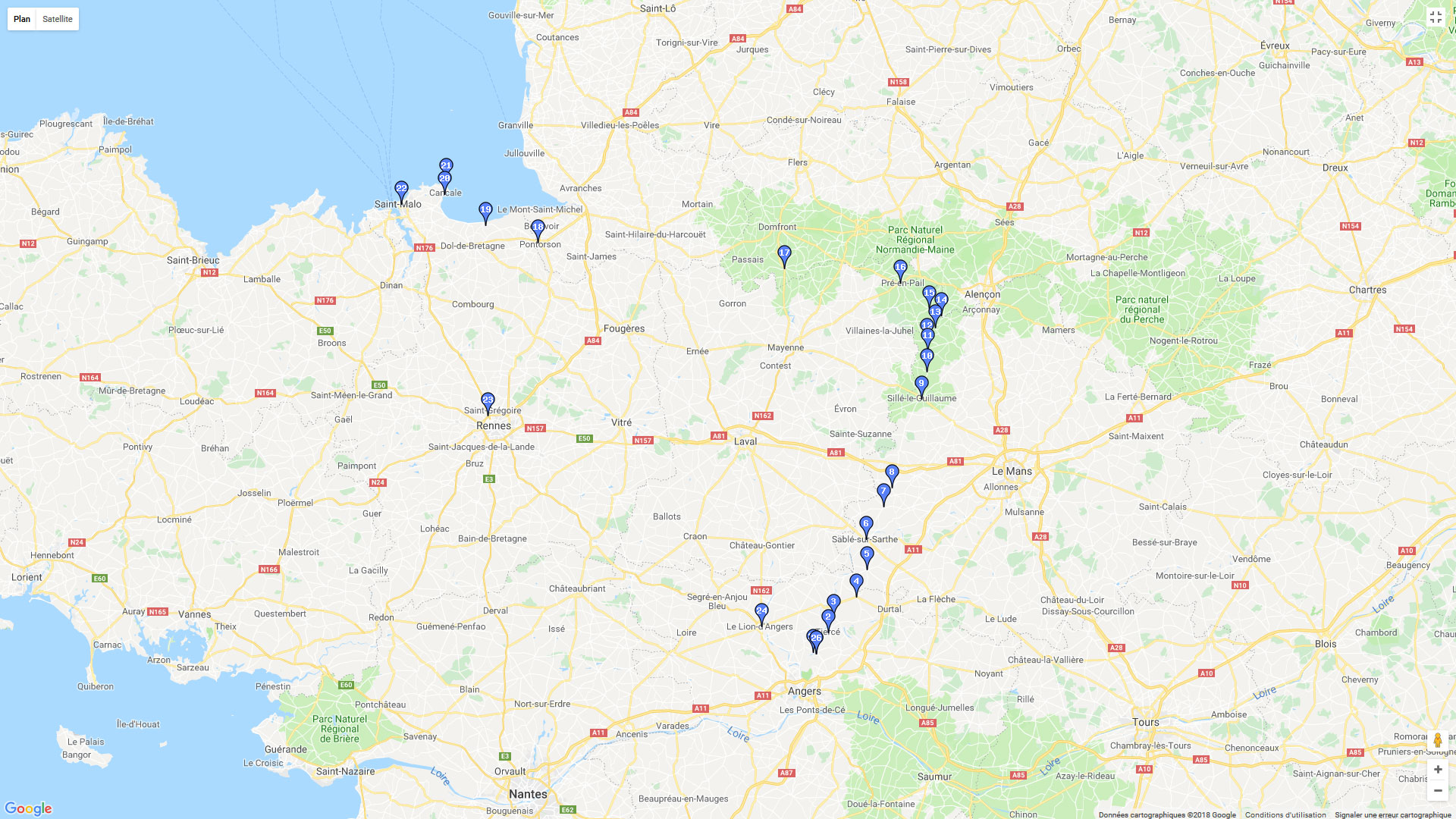 Pour zoomer sur la carte et avoir plus de détails, connectez-vous ! Carte roadbook Angers Alpes mancelles St Malo
