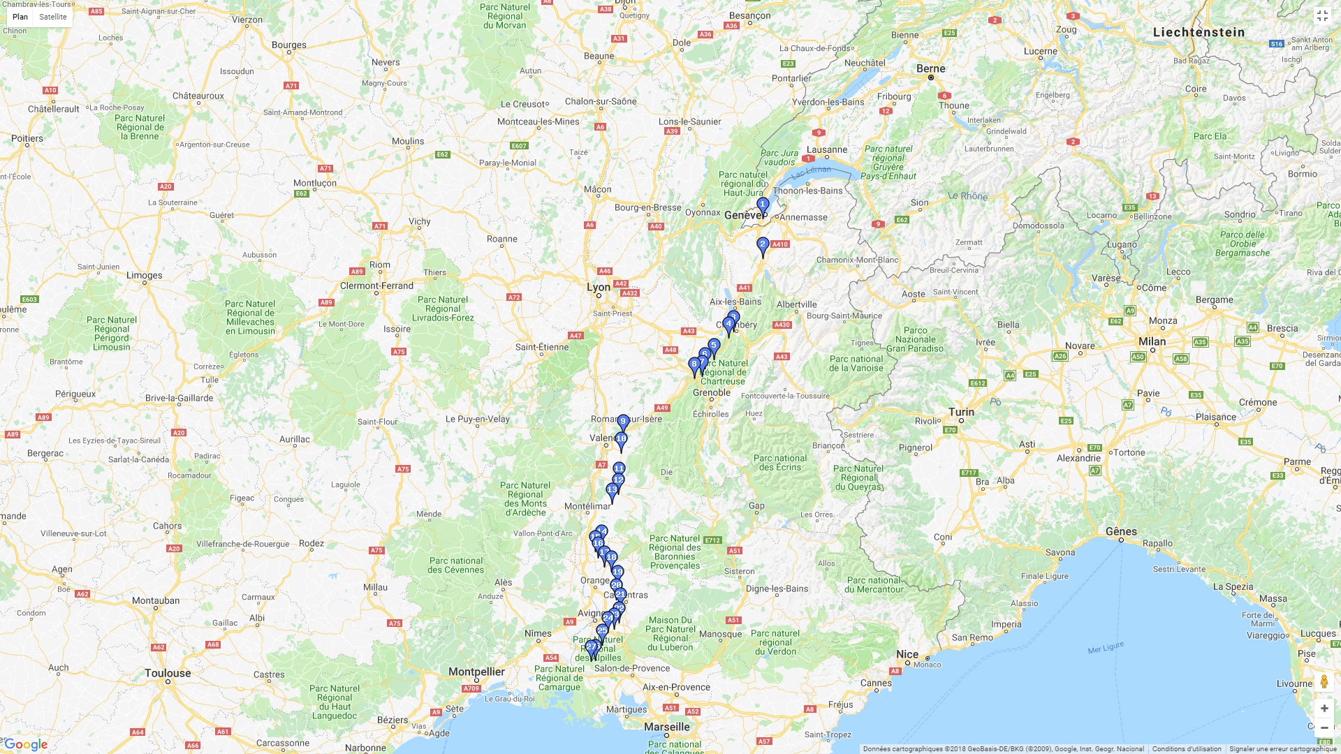 Pour zoomer sur la carte et avoir plus de détails, connectez-vous ! Carte roadbook De Genève vers la Provence