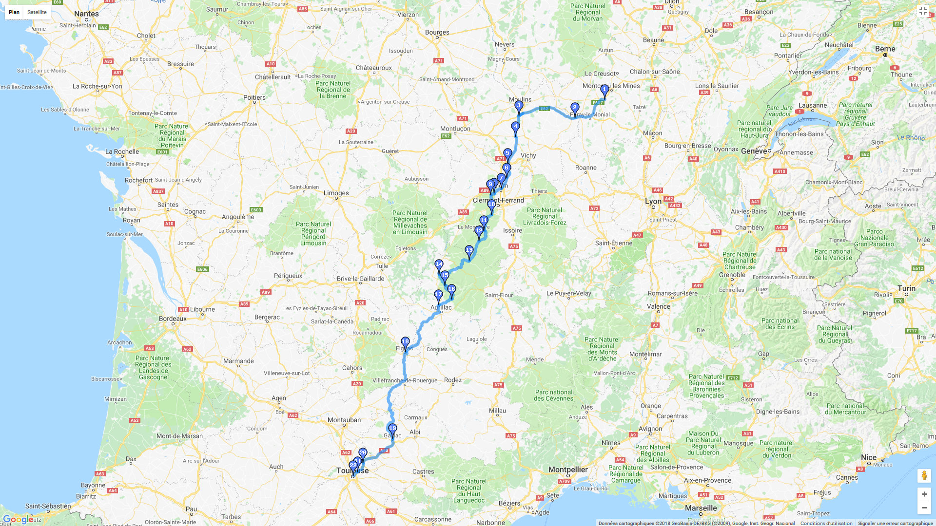Pour zoomer sur la carte et avoir plus de détails, connectez-vous ! Carte roadbook Montceau-Toulouse par les volcans
